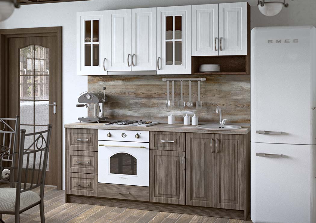 Σύνθεση Κουζίνας 4,00μ ύψος 2,17μ βάθος 0,60μ, MDF Vintage 202 με ΔΩΡΟ πάγκο , Genomax - Μόκα - Snow